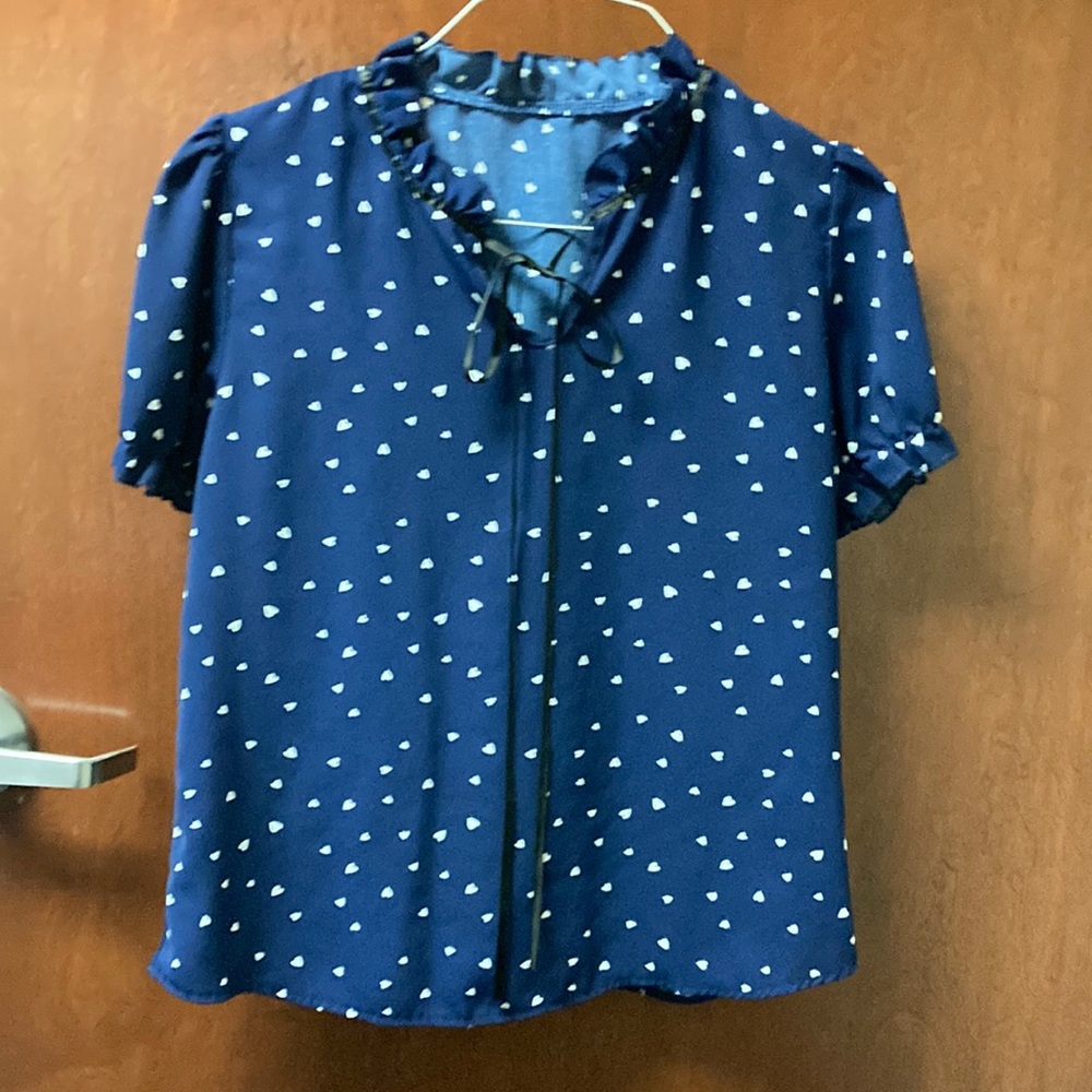 SHEIN Navy and White heart chiffon blouse, short sleeve